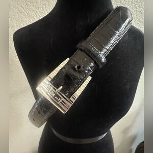 Vtg Ralph Lauren Small Black Reptile Embossed Leather Belt Silver Plate 30”